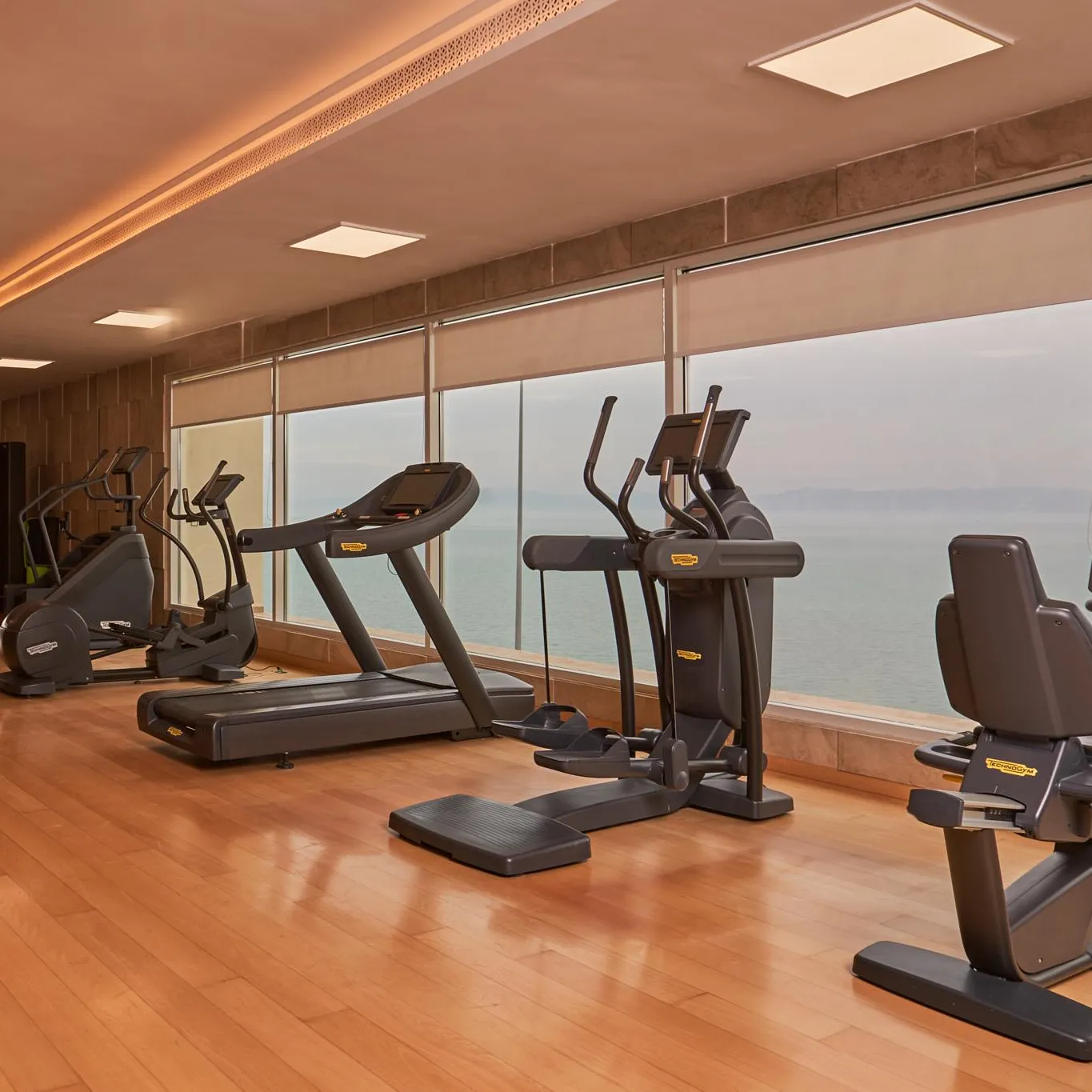 Gym with several fitness machines in front of a large window offering a view of the sea