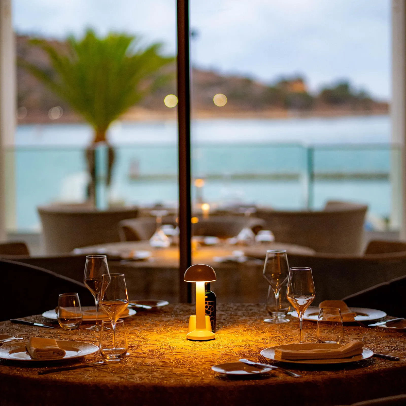 Table set with wine glasses and lit candle, seen through a window overlooking a terrace and an outdoor landscape with palm trees and sea.