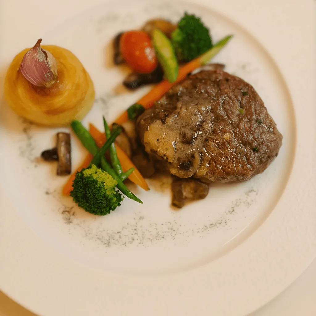 A dish consisting of a grilled meat piece, various vegetables, and an onion preparation.