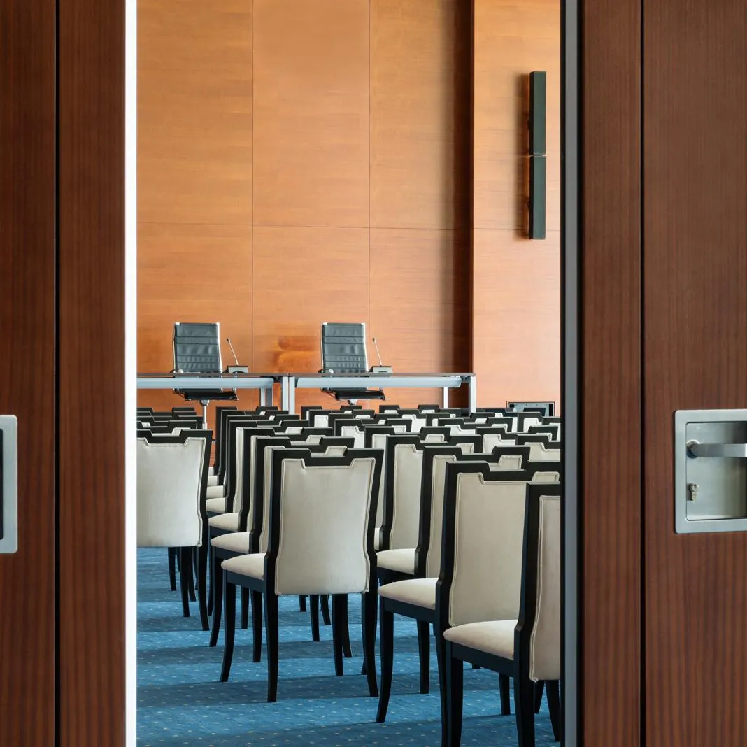 View of a conference room through a wooden door with rows of aligned chairs and two seats at a table in the back